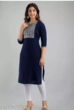 Dark blue embroidered viscose rayon straight kurta, three-quarter sleeves, Indian craftsmanship
