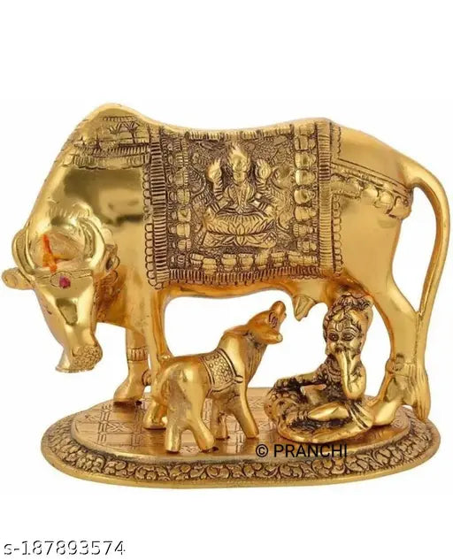 Gold Kamdhenu Statue: Cow, Calf & Little Krishna (15.5 cm) - Traditional Indian Artisanal Craftsmanship for Janaamashtmi or gifting occasions