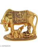 Gold Kamdhenu Statue: Cow, Calf & Little Krishna (15.5 cm) - Traditional Indian Artisanal Craftsmanship for Janaamashtmi or gifting occasions