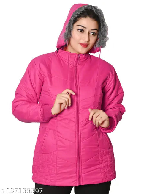PINK nylon quilted hoody jacket for women, warm and cozy with pockets, ideal for winter wear
