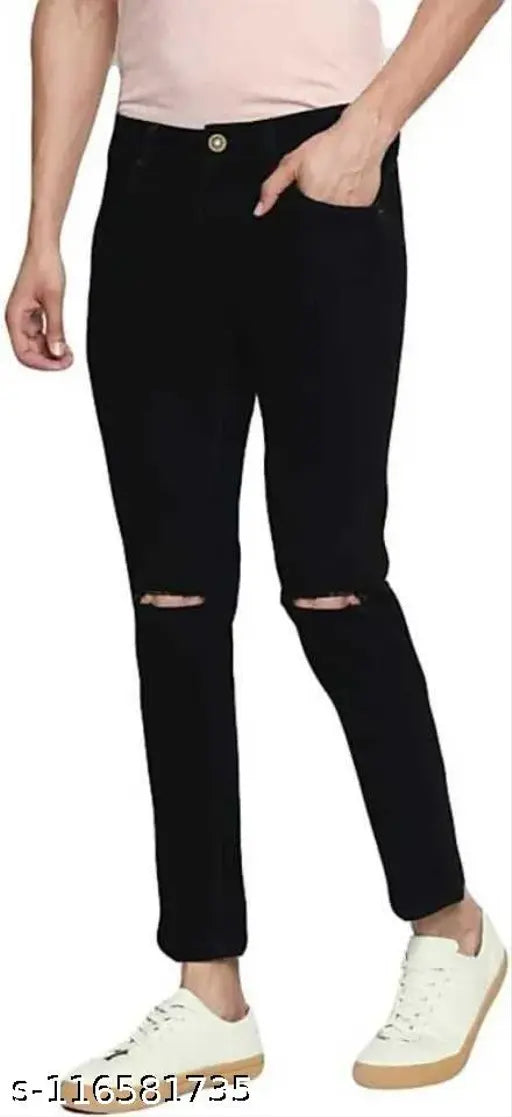 Comfits black denim knee-cut jeans for men, perfect fit and style for any occasion. Solid design, available in sizes 28, 30, 32, 34, 36. Made in India