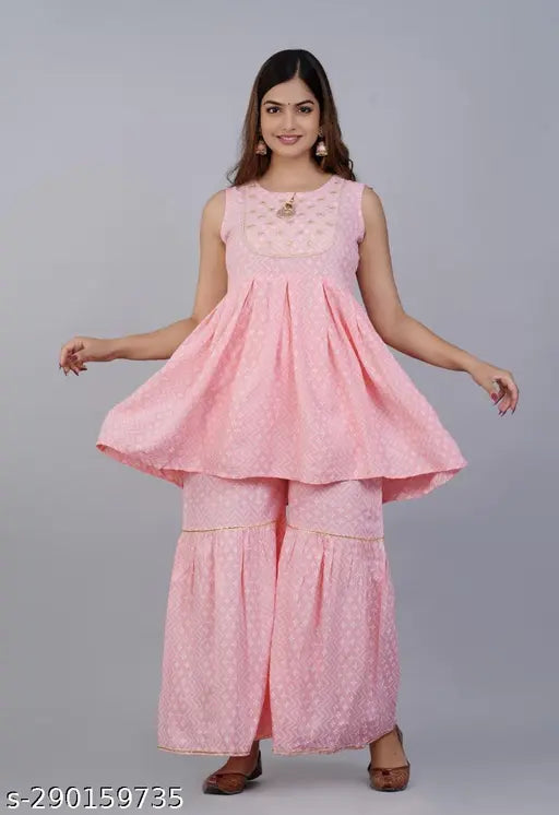 Pink and gold Sharara printed dress with ruffled hem