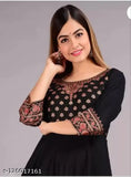 Women's rayon Anarkali kurti with three-quarter sleeves and printed pattern, available in various sizes (S to XXXL), made in India