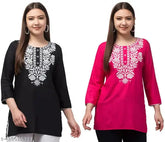 Embroidered Rayon Short Kurti, three-quarter sleeves, Indian women's fashion, vibrant kashmiri top