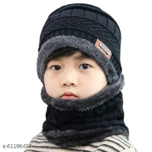 Soft wool and fur winter cap set with scarf for boys and girls - self-designed beanie perfect for outdoor sports and ski equipment, made in India