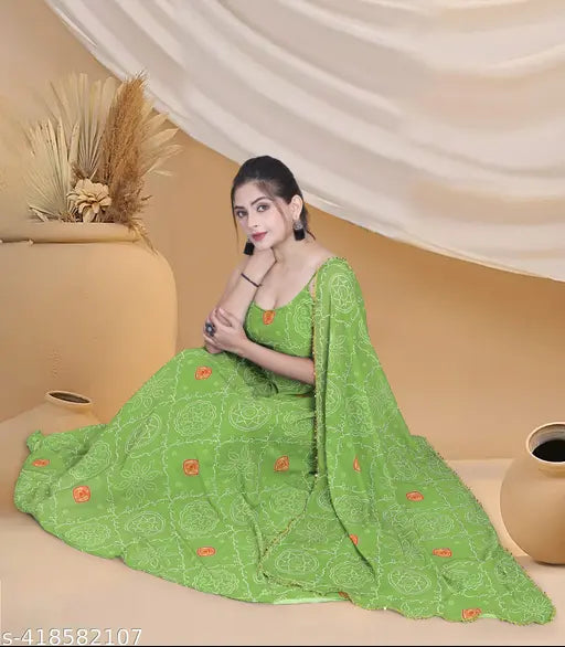Georgette traditional ethnic long Anarkali gown and Maxi Dress, vibrant bandhani print, sleeveless design for women