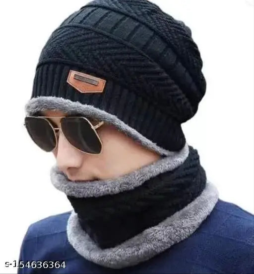 Wool and fur-lined unisex beanie cap & neck warmer set, thick fleece lined knit hat. CrissCross basket weave design, perfect for winter. Ideal for men & women, great for outdoor activities or as a fashion statement