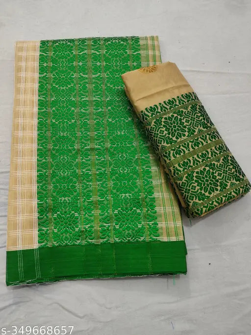 Traditional Assamese Mekhla Chador in chiffon with embroidered blouse, length 250 cm (Mekhla), 280 cm (Chador), 90 cm (Blouse). Handwoven Indian saree set