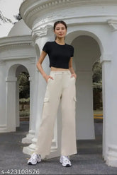 Cream cotton blend cargo pants for woman, high rise with slanted inset pockets and flap. Solid design, stretchable and suitable for casual or formal wear. Size options: 26 (Waist 26in, Length 37in), 28 (Waist 28in, Length 37in), 30 (Waist 30in, Length 37in), 32 (Waist 32in, Length 37in)