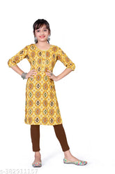 Fancy modern cotton floral printed kurti for cute girls, three-quarter sleeves. Soft, comfortable ethnic wear in vibrant colors, Indian origin