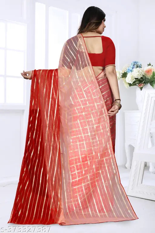Organza Puspa saree, Indian-made, richly patterned with Zari woven border and knitted Jacquard fabric. Perfect for parties and casual outings