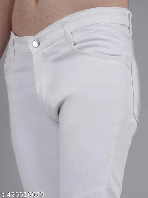 White stretchable denim slim fit jeans for men by Koetler