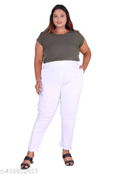 White plus-size cotton lycra pants from Fashion Zest, featuring elastic waistband & side pockets, perfect for fast colors