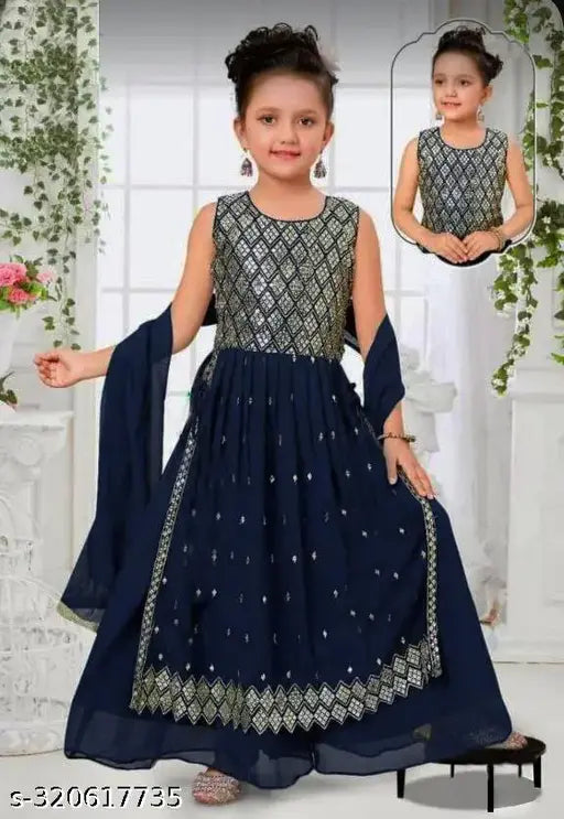 Georgette Anarkali Palazzo set with embellished kurti and dupatta - Indian fashion for girls aged 3-14 years
