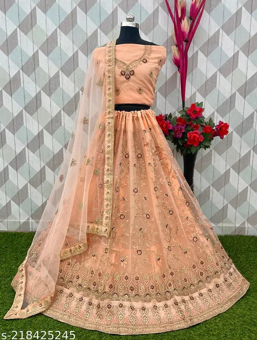 Embroidered peach net topwear and dupatta set for free size, Indian lehenga choli with embroidered patterns