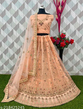 Embroidered peach net topwear and dupatta set for free size, Indian lehenga choli with embroidered patterns