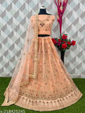 Embroidered peach net topwear and dupatta set for free size, Indian lehenga choli with embroidered patterns