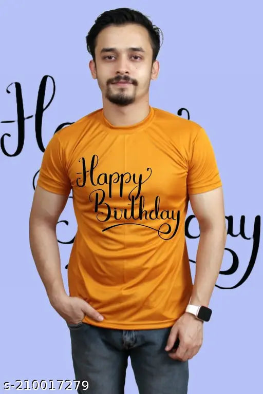 Happy Birthday print on short-sleeved polyester t-shirt, festive apparel from India