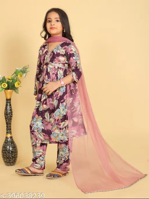 Yellow Kora Muslin Kurta Set with Sharara & Dupatta for Kids, traditional Indian ethnic wear