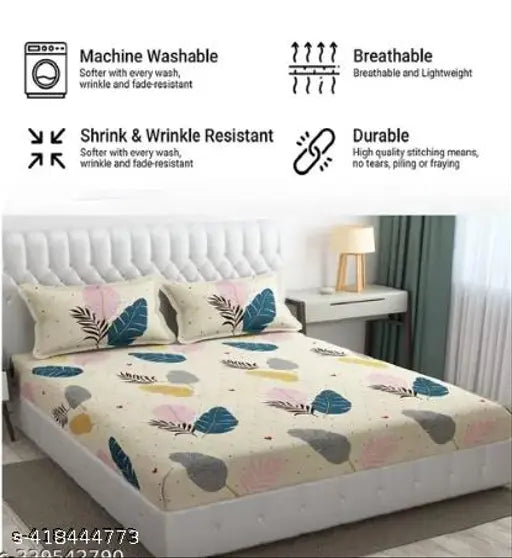 Platinum printed double king size Glace cotton fitted bedsheets with elastic, 2 pillow covers and botanical pattern. 78 x 72 inches / 198 x 182 cms / 6.5 x 6 feet, ideal for adult summer use by RAREBIRD