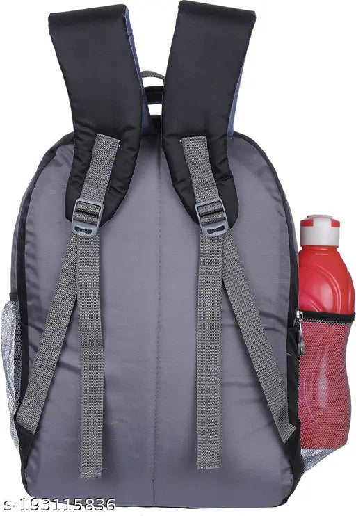 Black canvas backpack with 36L capacity, waterproof and laptop-friendly, features a blue water bottle holder and multiple compartments. Ideal for school or college use, promoting durability and comfort