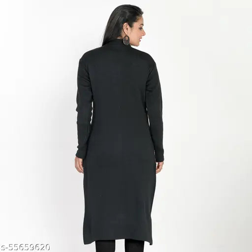 Women's A-line woven design black rayon kurti, three-quarter sleeves, self-design. Warm, woolen kurti for daily wear in various occasions like office, college, parties, family places, and festivals. Hand wash only. Perfect blend of comfort and style. Kurti pairing suggestions: jeans, leggings, and more. Country of origin: India
