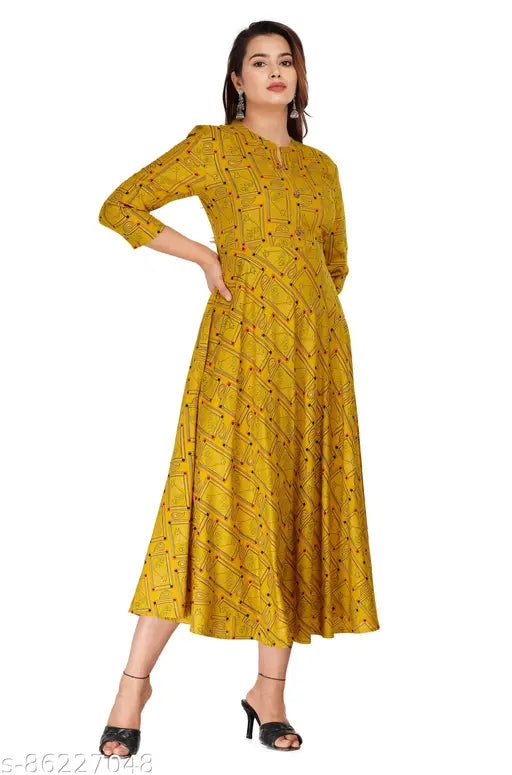 Rayon full-flared Anarkali gown with printed combo, three-quarter sleeves. Indian fashion for women's wardrobe, XXL size