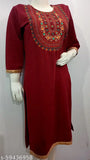 Maroon embroidered wool kurti, three-quarter sleeves, women's A-line design. Trendy Indian camellia-embroidered woolen kurti for day wear or occasion wear." (117 characters)