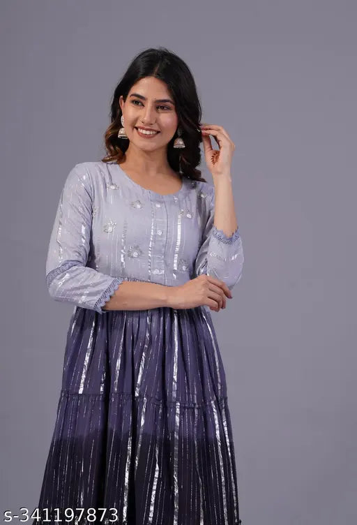 Women's black cotton Lurex ombre dyed Anarkali gown, three-quarter sleeves, hand-work on yoke, round neck, 48" length