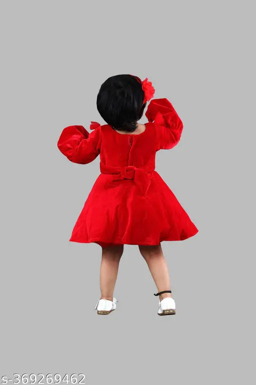 Christmas red wool party frock with full sleeves and white lace collar, perfect for winter festivities