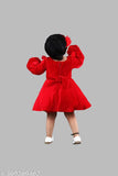 Christmas red wool party frock with full sleeves and white lace collar, perfect for winter festivities