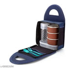 Stainless steel 4-container lunch box set with plastic glass, microwave-safe for office, college, and school. Grey carry bag included. Leak-proof lids with push-up seals. Perfect for men, women, kids