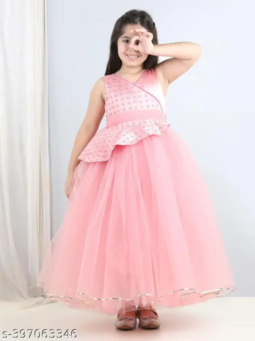 Dusty Rose embellished net dress, full length for girls party wear, 1-2 years size