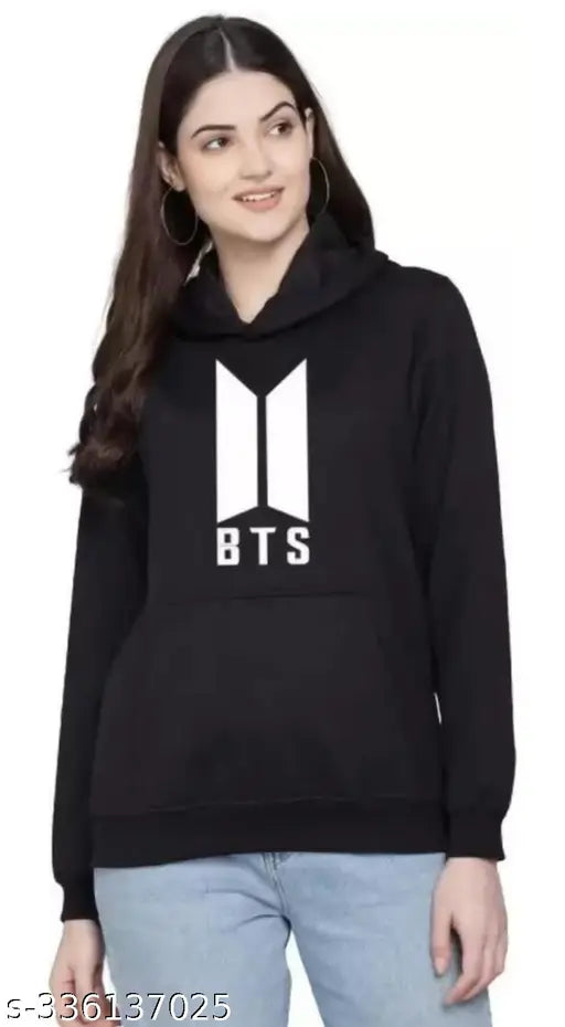 Black BTS printed hoodie for women, fleece material, long sleeves, BTS graphics