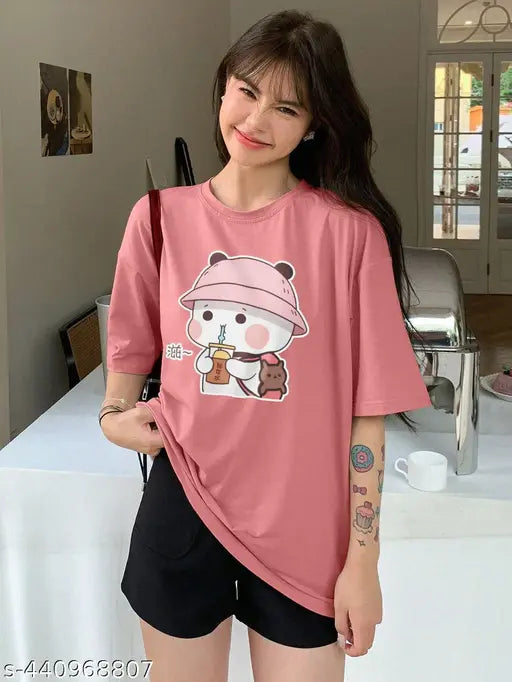 Women's cotton blend printed oversized T-shirt, short sleeves, XXS (34in bust, 24in length)