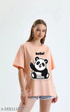 Large peach cotton blend women's t-shirt, oversized fit with printed design, made in India