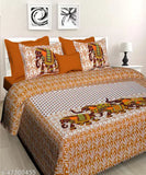Cotton ethnic motif flat sheets, Meejoya Jaipur MJ 49 double king size with set of 2 pillow covers (144 TC satin strips)