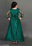 Green net ethnic gown for girls, embroidered with 3/4 sleeves, size 4-14 years, India origin