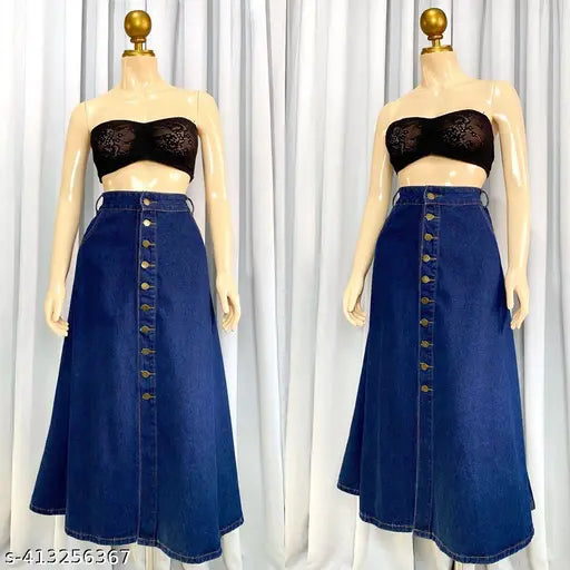 Navy Blue A-Line Maxi Denim Skirt - Lightweight & Breathable denim for women, ideal for all seasons and body types. Home washable with unique designs