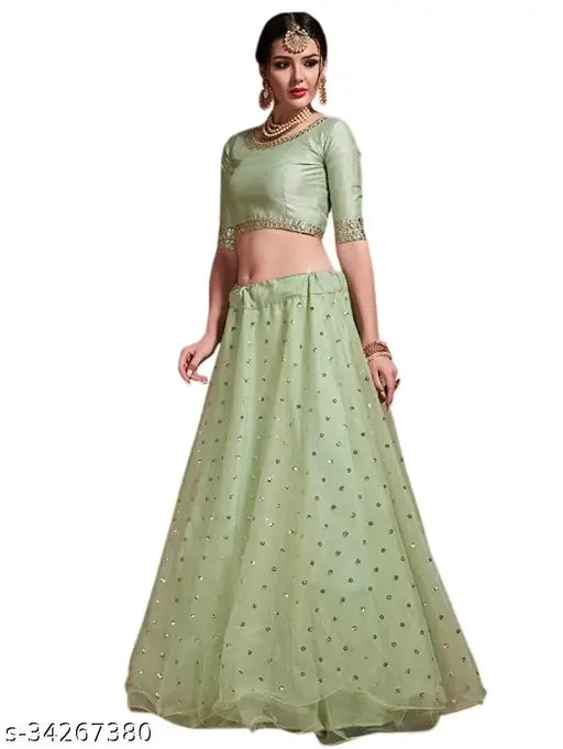 Embroidered semi-stitched green lehenga choli & unstitched blouse with dupatta, green net with sequin work on display