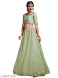 Embroidered semi-stitched green lehenga choli & unstitched blouse with dupatta, green net with sequin work on display