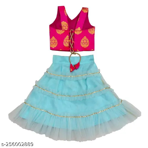 Agile funky kids girls Lengha set in taffeta silk & net, self-designed ruffle stitch with gota lace, size 12-24 months