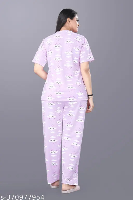 Printed polycotton night suit with short sleeves and net pattern, perfect for regular wear