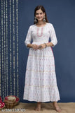 Rayon embroidery print gown, three-quarter sleeves, vibrant Indian fashion