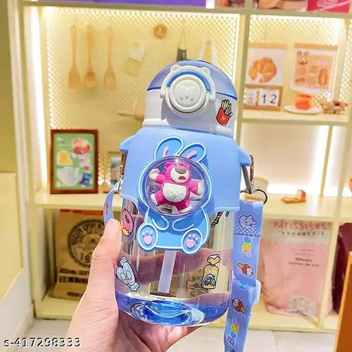 Blue plastic SIP'N'SMILE water bottle for kids (650ML), BPA-free with leak-proof lid and free DIY stickers