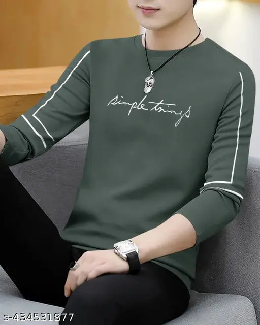 White pure cotton men's regular fit printed round neck t-shirt, full sleeves, ultra-soft style