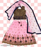 Embroidered kids' net lehenga choli set, available in various sizes from 2-15 years. Indian-made, jaquard blouse with net lehenga and dupatta
