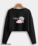 Classic black cotton blend full sleeve t-shirt, printed net pattern for women's summer wear - Made in India