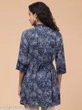 Blue rayon tunic, abstract printed with 3/4 sleeves and tie belt - Indian women's summer fashion accessory