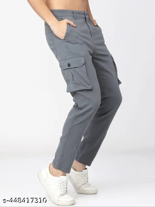 Grey cotton solid cargo jeans, durable and stylish for men, size 28, 30, or 32